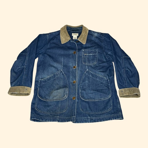 L.L. Bean Jackets & Blazers - Vintage LL Bean Women LARGE Denim Chore Coat Corduroy Collar Plaid Flannel Lined